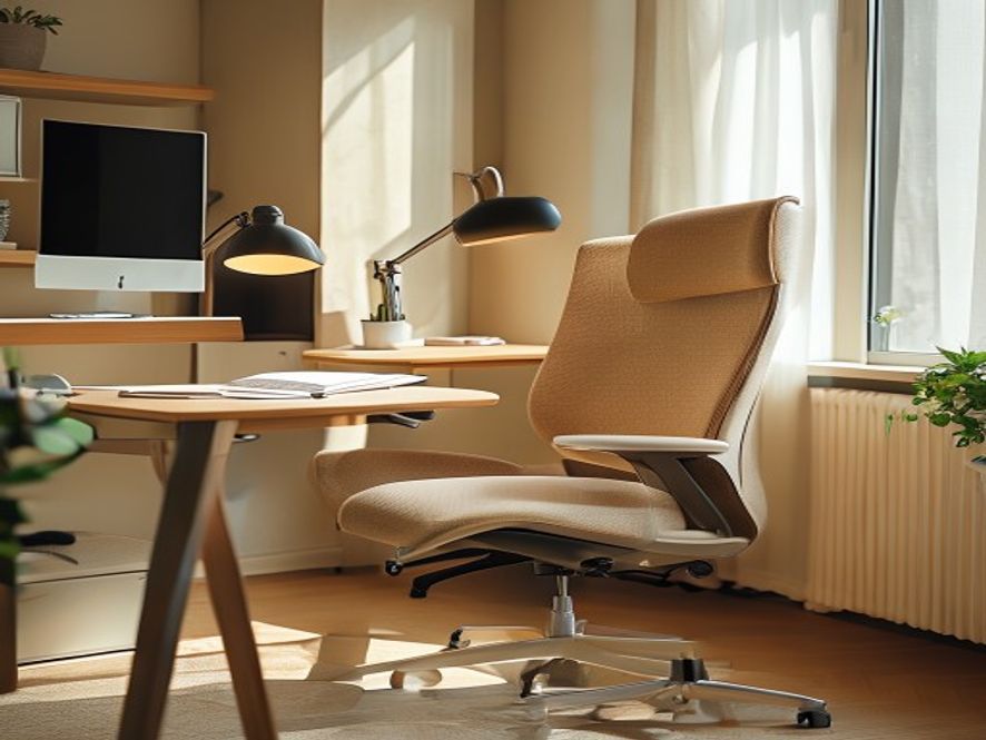 Ergonomisk stol och skrivbord uppsatta i ett mörkare kontor
